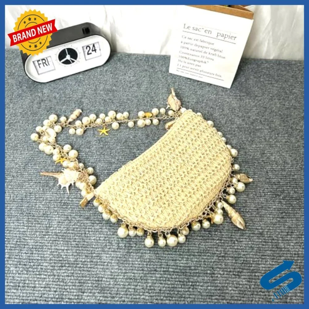 Straw Clutch Purse with Pearl Strap Elegant Summer Beach Evening Bag